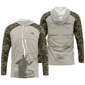 Sweat à capuche pêche mouche manches camouflage forêt corps gris silhouette pêcheur lançant vue avant
