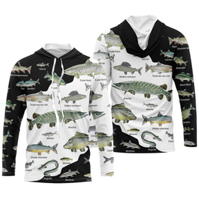 Hoodie pêche multipoissons noir blanc espèces légendées all-over manches contrastées vue avant