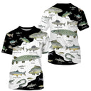 Polo pêche unisexe multipoissons noir blanc carpe brochet truite légendé vue côté