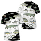 Polo pêche unisexe multipoissons noir blanc carpe brochet truite légendé vue côté