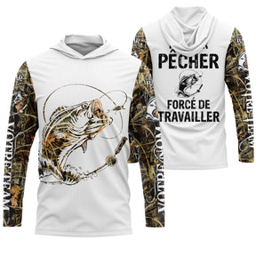 Sweat UV à capuche pêche bar humour Pêcher forcé de travailler bicolore blanc camouflage prénom