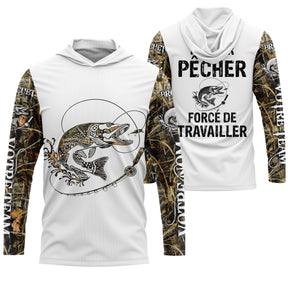 Sweat UV à capuche pêche brochet humour Pêcher forcé de travailler bicolore blanc camouflage prénom