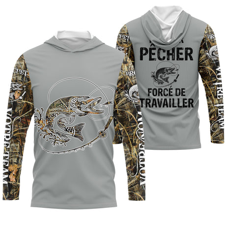 T-shirt Pêcheur Brochet "Né Pour Pêcher, Force de Travailler" - Protection UV & Style - CT24072023 Gris