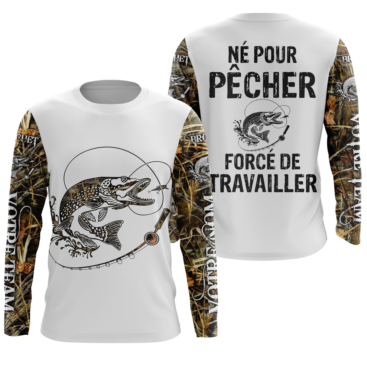 Débardeur all-over pêche brochet humour Pêcher forcé de travailler camouflage prénom