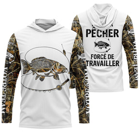 Sweat UV à capuche pêche carpe humour Pêcher forcé de travailler bicolore blanc camouflage prénom