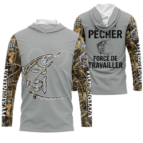 Pêche De La Truite Au Leure Souple, Cadeau Humour Pêcheur, Né Pour Pêcher, Forcé De Travailler, Cadeau Humour Personnalisé Pêcheur - VEPETR022 T-shirt Anti UV à Capuche Unisexe Gris