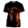 T-shirt équitation noir avec photographie réaliste de cheval brun chestnut au pelage flamboyant et crinière en mouvement