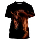 T-shirt équitation noir avec photographie réaliste de cheval brun chestnut au pelage flamboyant et crinière en mouvement