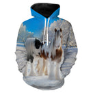 Sweat à capuche all-over équitation chevaux pie neige, scène féerique enneigée, vêtement chaud cavalier