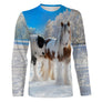 T-shirt équitation chevaux pie vue de face design hivernal, coupe unisexe all-over disponibles