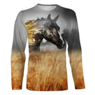 T-shirt équitation cheval champs de blé vue de face design solaire, coupe unisexe all-over