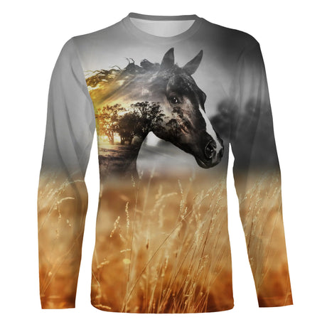 T-shirt équitation cheval champs de blé vue de face design solaire, coupe unisexe all-over