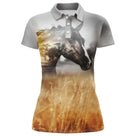 Polo équitation cheval champs de blé vue de face design solaire, coupe homme et femme disponibles
