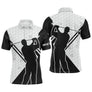 Polo golf homme blanc noir silhouettes golfeurs swing motif balles prénom Michel vue avant
