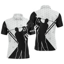 Polo golf homme blanc noir silhouettes golfeurs swing motif balles prénom Michel vue avant