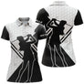 Polo golf femme blanc noir silhouette golfeuse motif balles personnalisable vue dos