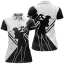 Polo golf femme blanc noir silhouette golfeuse motif balles personnalisable vue dos