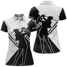 Polo golf femme blanc noir silhouette golfeuse motif balles personnalisable vue dos