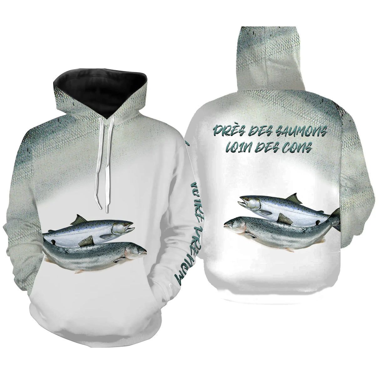 Pêche du Saumon, Cadeau Humour Pour Pêcheur, Tee shirt All-Over, Vêtements Anti-UV, Près Des Saumons, Loin Des Cons - CTS25052213 Sweat à Capuche All Over Unisexe