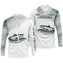 Tenue de pêche du saumon personnalisée hoodie capuche gris argenté et blanc avec saumons en mouvement