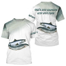 T-shirt all-over pêche saumon gris argenté avec saumons en remontée coupe unisexe rivière