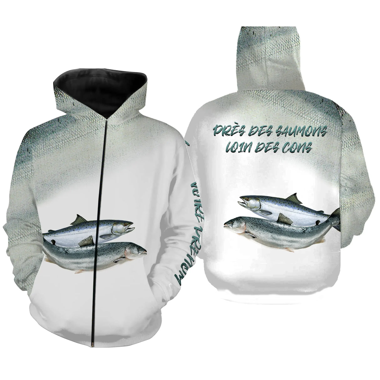 Pêche du Saumon, Cadeau Humour Pour Pêcheur, Tee shirt All-Over, Vêtements Anti-UV, Près Des Saumons, Loin Des Cons - CTS25052213 Sweat Zippé All Over Unisexe