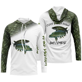 Tenue de pêche brochet personnalisée hoodie capuche camo vert et blanc avec brochet en attaque