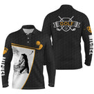 Polo de golf manches longues unisexe noir et or avec sac de clubs et lettrage GOLF