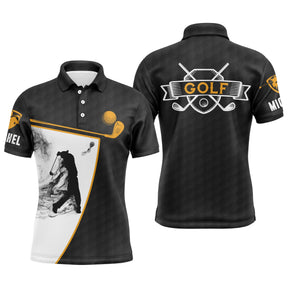 Polo de golf personnalisé homme noir et or avec sac de clubs et silhouette de golfeur en swing