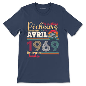 T-shirt pêcheur bleu marine vintage avec saumon et slogan Les meilleurs pêcheurs nés en avril 1969 édition limitée