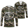 T-shirt camouflage pêche truite all-over forêt vert brun motif truite noire encrée prénom personnalisé moucheur écologique