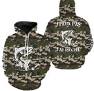 Hoodie pêche saumon UV all-over camouflage forêt motif saumon noir encré humour pêcheur prénom personnalisé