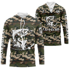 Sweat UV pêche saumon all-over camouflage forêt motif saumon noir encré humour Loin des Cons prénom personnalisé