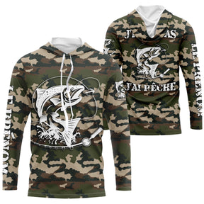 Sweat UV pêche saumon all-over camouflage forêt motif saumon noir encré humour Loin des Cons prénom personnalisé