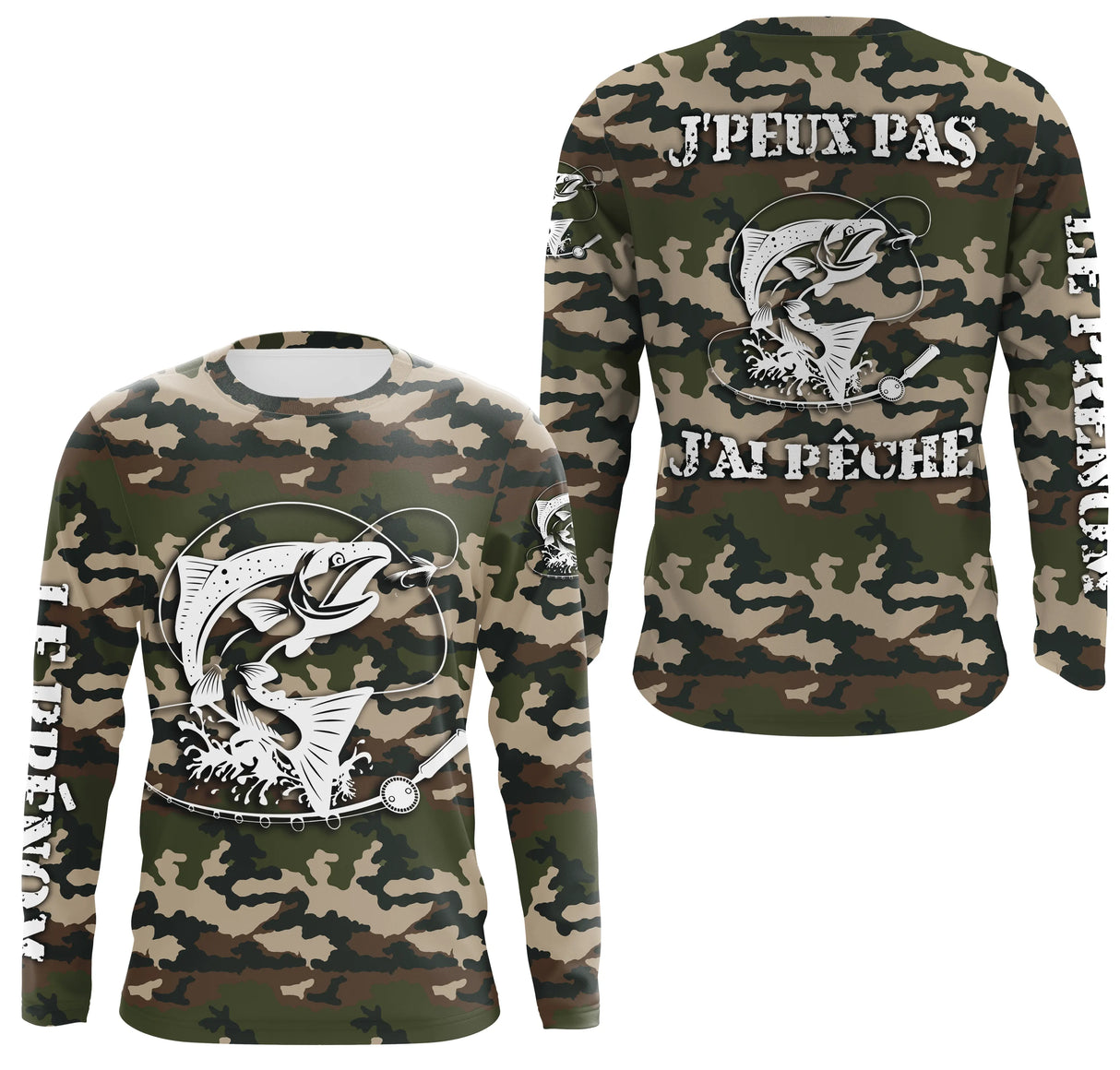 Sweat capuche pêche saumon UV all-over camouflage forêt motif saumon humour Loin des Cons prénom personnalisé