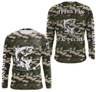 Sweat capuche pêche saumon UV all-over camouflage forêt motif saumon humour Loin des Cons prénom personnalisé