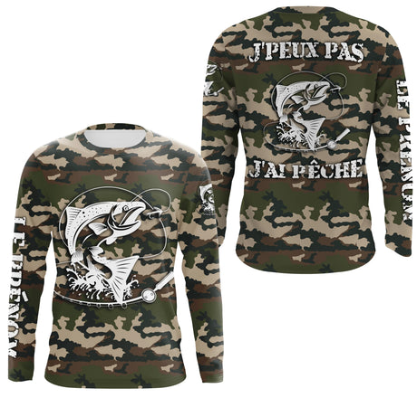 Sweat capuche pêche saumon UV all-over camouflage forêt motif saumon humour Loin des Cons prénom personnalisé