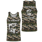 Sweat UV pêche saumon all-over camouflage forêt motif saumon humour Loin des Cons pêcheur prénom personnalisé