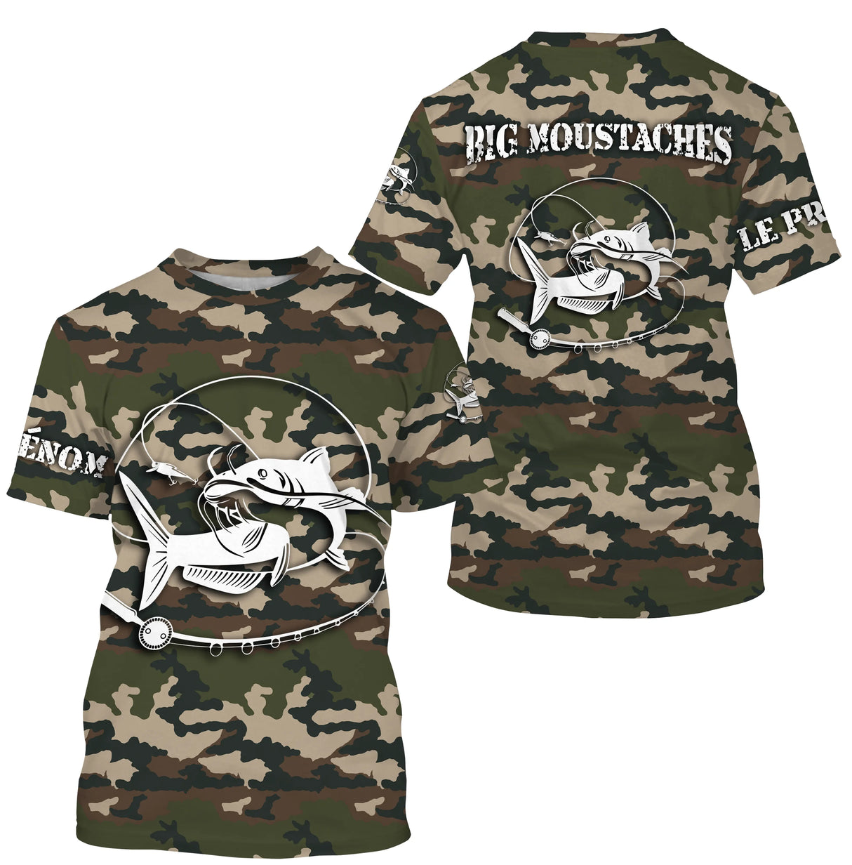 Maillot UV manches longues pêche silure all-over camouflage motif silure humour moustaches prénom personnalisé