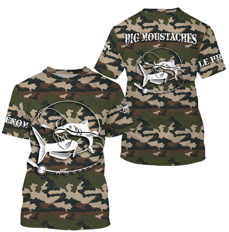 Maillot UV manches longues pêche silure all-over camouflage motif silure humour moustaches prénom personnalisé