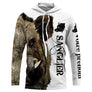 Hoodie capuche anti-UV chasse sanglier blanc et brun hure réaliste coupe unisexe sous-bois