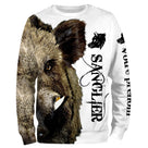 Sweat à capuche all-over chasse sanglier blanc et brun avec hure imposante coupe unisexe