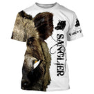 Tenue de chasse sanglier personnalisée t-shirt blanc et brun avec hure de sanglier en gros plan