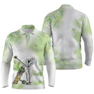 Polo de golf manches longues unisexe vert nature aquarelle golfeur sac de clubs pour parcours frais