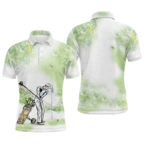 Polo de golf personnalisé homme vert nature aquarelle avec silhouette de golfeur et sac de clubs