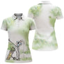 Polo de golf femme vert nature aquarelle silhouette golfeuse et sac de clubs coupe ajustée féminine
