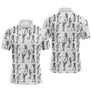 Polo de golf personnalisé homme blanc avec silhouettes de golfeurs noires en swing all-over