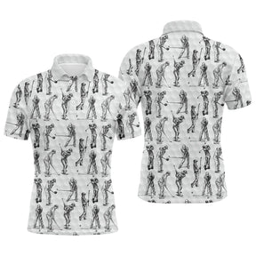 Polo de golf personnalisé homme blanc avec silhouettes de golfeurs noires en swing all-over