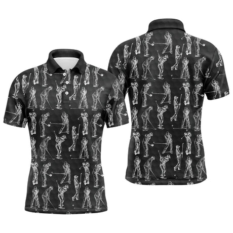 Polo de golf homme noir avec silhouettes de golfeurs blanches en swing all-over coupe ajustée