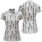 Polo de golf femme blanc avec silhouettes golfeuses en swing all-over coupe ajustée féminine